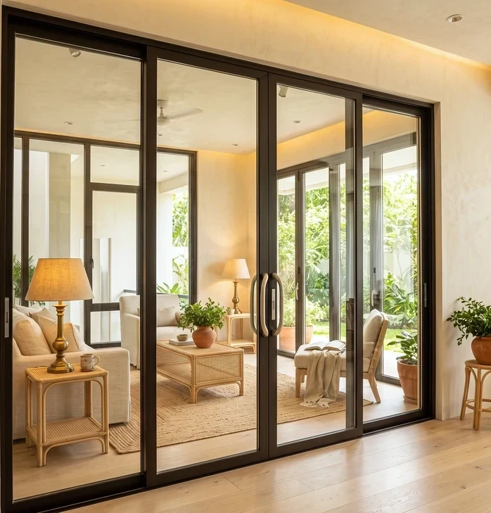 A slim-framed sliding door standing open to a warmly lit interior