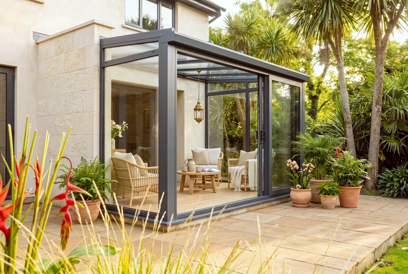 A glazed garden room in dark aluminium framing beside a timber-clad wall