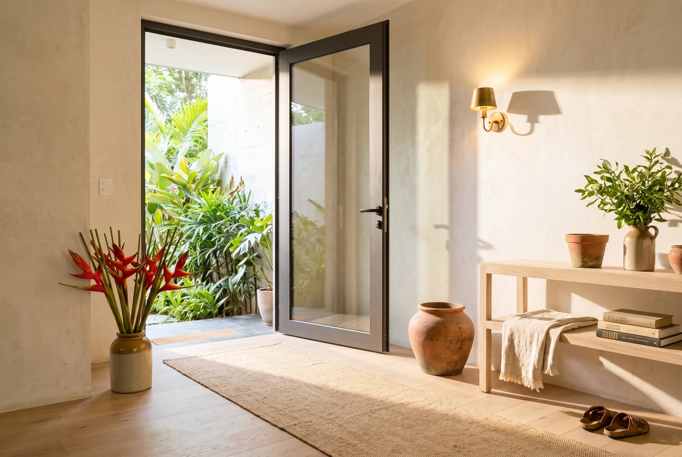 A glazed swing door at the end of a sunlit plaster corridor