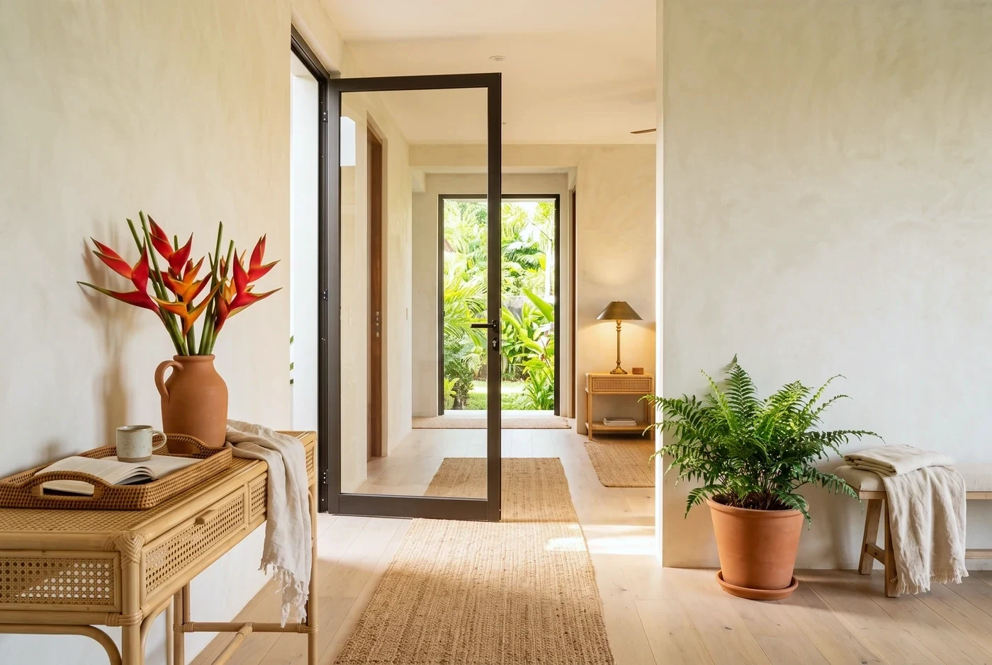 A pale swing door against a deep green wall