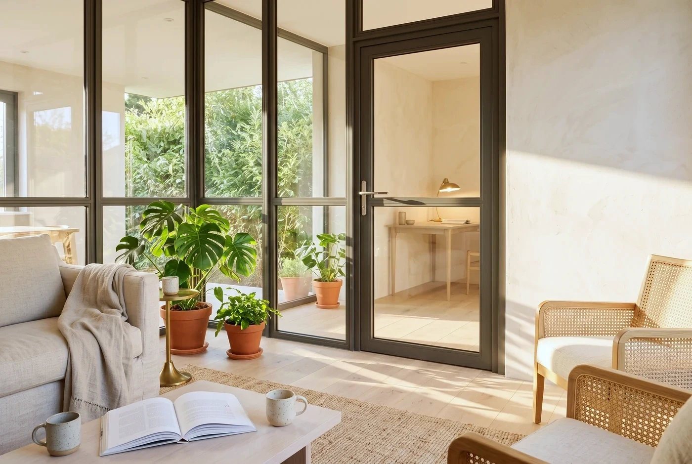 Slim glazed partitions and doors dividing an open interior