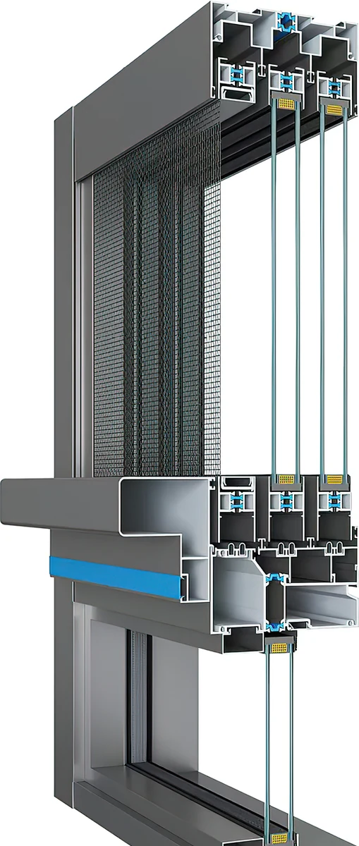 A multi-track sliding system cut through the meeting stiles